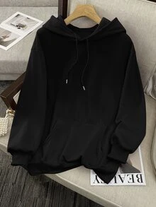 SHEIN Women's Hooded Embroidered Pattern Ribbed Sweatshirt - Black - View 2