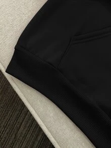 SHEIN Women's Hooded Embroidered Pattern Ribbed Sweatshirt - Black - View 3