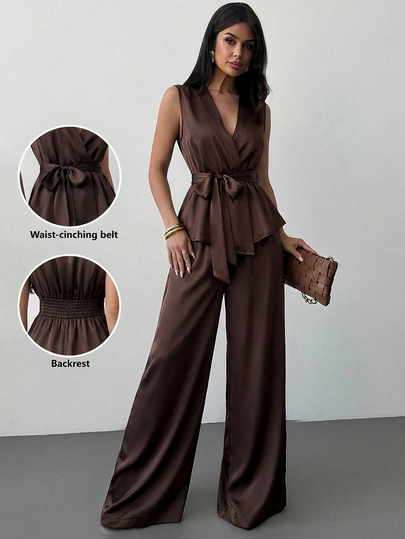 Firerie Women's Summer Simple Elegant Fashion Casual Daily Commute Loose Versatile V-Neck Sleeveless Cinched Cinched Waist Elastic Waist Straight Leg Pants 2-Piece Set, Coffee Brown