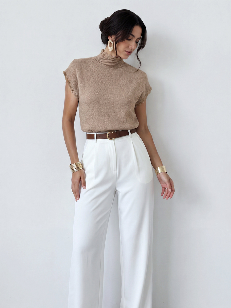Firerie Elegant High Neck Loose Casual Versatile Sleeveless Knit Sweater Vest Going Out Tops Women,Cozy,Office - Khaki - View 4