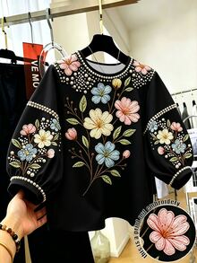 GlowEve CURVE Plus Floral Print Lantern Sleeve Blouse - Multicolor - View 1