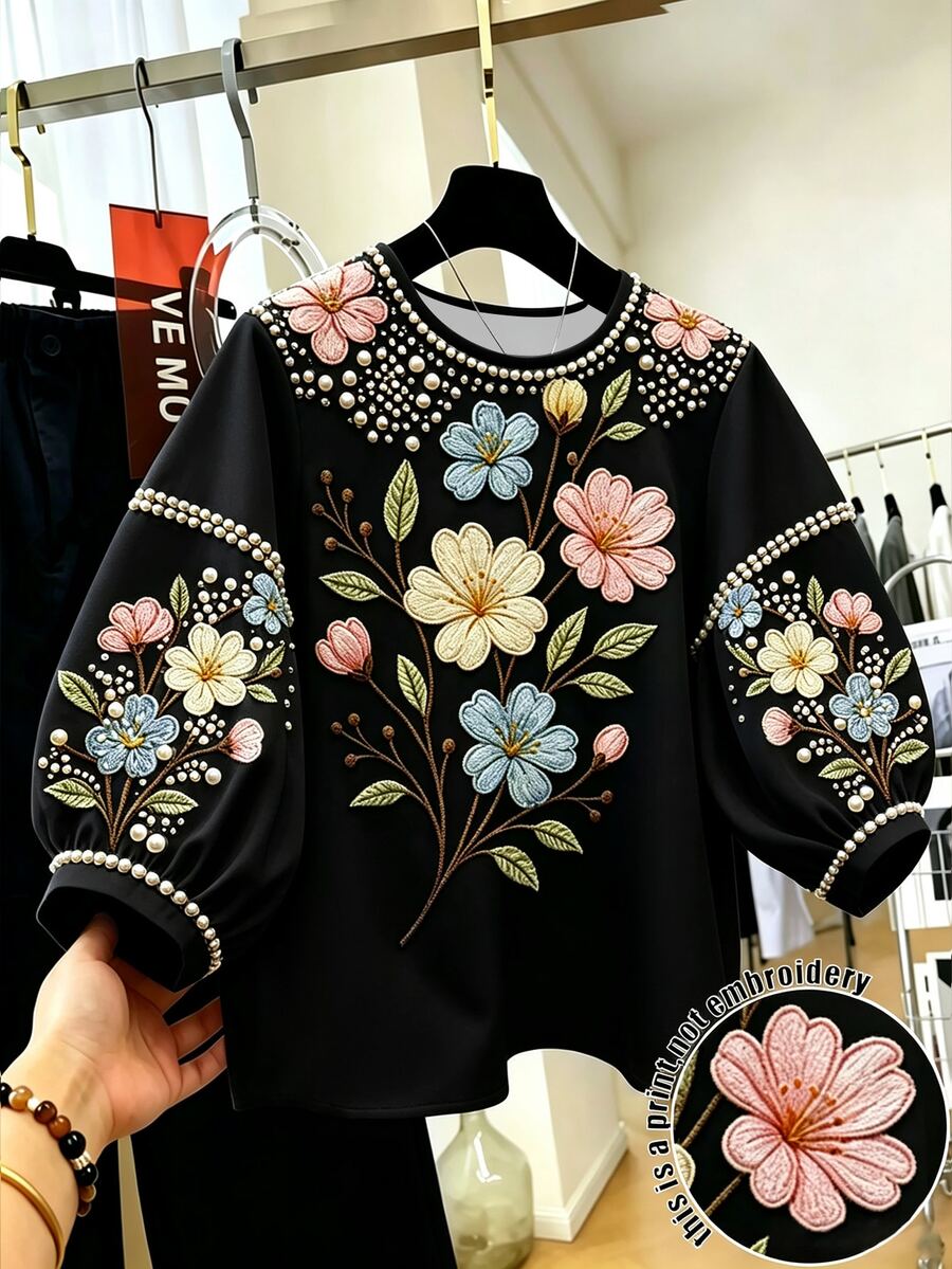 GlowEve CURVE Plus Floral Print Lantern Sleeve Blouse - Multicolor - View 1