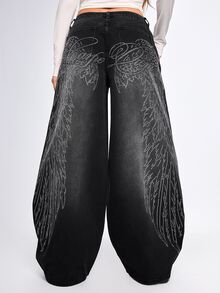 ROMWE Celana Jeans Denim Washed Gaya Jalanan Grunge Punk dengan Slogan Sayap dan Rhinestone, Pinggang Rendah, Sangat Longgar, dan Kaki Lebar. - Hitam - View 4