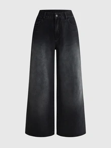 ROMWE Celana Jeans Denim Washed Gaya Jalanan Grunge Punk dengan Slogan Sayap dan Rhinestone, Pinggang Rendah, Sangat Longgar, dan Kaki Lebar. - Hitam - View 9