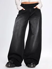 ROMWE Celana Jeans Denim Washed Gaya Jalanan Grunge Punk dengan Slogan Sayap dan Rhinestone, Pinggang Rendah, Sangat Longgar, dan Kaki Lebar. - Hitam - View 5