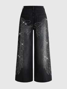 ROMWE Celana Jeans Denim Washed Gaya Jalanan Grunge Punk dengan Slogan Sayap dan Rhinestone, Pinggang Rendah, Sangat Longgar, dan Kaki Lebar. - Hitam - View 2
