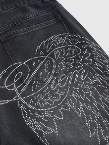 ROMWE Celana Jeans Denim Washed Gaya Jalanan Grunge Punk dengan Slogan Sayap dan Rhinestone, Pinggang Rendah, Sangat Longgar, dan Kaki Lebar. - Hitam - View 10