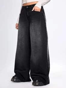ROMWE Celana Jeans Denim Washed Gaya Jalanan Grunge Punk dengan Slogan Sayap dan Rhinestone, Pinggang Rendah, Sangat Longgar, dan Kaki Lebar. - Hitam - View 7