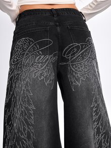 ROMWE Celana Jeans Denim Washed Gaya Jalanan Grunge Punk dengan Slogan Sayap dan Rhinestone, Pinggang Rendah, Sangat Longgar, dan Kaki Lebar. - Hitam - View 8