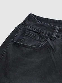 ROMWE Celana Jeans Denim Washed Gaya Jalanan Grunge Punk dengan Slogan Sayap dan Rhinestone, Pinggang Rendah, Sangat Longgar, dan Kaki Lebar. - Hitam - View 11