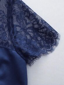 Elenzga Spring/Summer New Elegant Fitted Contrast Lace Sheer Sweetheart Neck Low-Cut Cinched Waist Sexy Bodycon Mini Dress For Women - Navy Blue - View 3