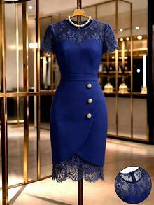 Elenzga Spring/Summer New Elegant Fitted Contrast Lace Sheer Sweetheart Neck Low-Cut Cinched Waist Sexy Bodycon Mini Dress For Women - Navy Blue - View 5