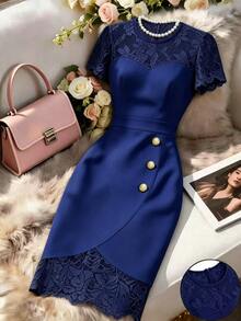 Elenzga Spring/Summer New Elegant Fitted Contrast Lace Sheer Sweetheart Neck Low-Cut Cinched Waist Sexy Bodycon Mini Dress For Women - Navy Blue - View 6