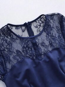 Elenzga Spring/Summer New Elegant Fitted Contrast Lace Sheer Sweetheart Neck Low-Cut Cinched Waist Sexy Bodycon Mini Dress For Women - Navy Blue - View 4
