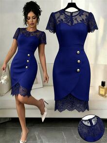 Elenzga Spring/Summer New Elegant Fitted Contrast Lace Sheer Sweetheart Neck Low-Cut Cinched Waist Sexy Bodycon Mini Dress For Women - Navy Blue - View 7