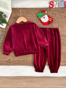 LMoss Kids Kids Baby Girl Knitted Solid Color Santa Claus Pattern Crew Neck T-Shirt And Long Pants 2 Pieces Set, Suitable For Indoor, Outdoor, Velvet Set, Christmas, Holiday, Party, Photo - Multicolor - View 3