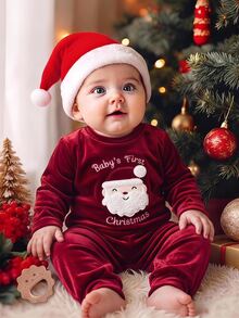LMoss Kids Kids Baby Girl Knitted Solid Color Santa Claus Pattern Crew Neck T-Shirt And Long Pants 2 Pieces Set, Suitable For Indoor, Outdoor, Velvet Set, Christmas, Holiday, Party, Photo - Multicolor - View 1