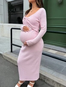 Lyckli Maternity Solid Color Twist Design Long Sleeve Slim Fit Elegant Dress Fall - Pink - View 5