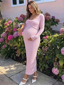 Lyckli Maternity Solid Color Twist Design Long Sleeve Slim Fit Elegant Dress Fall - Pink - View 1