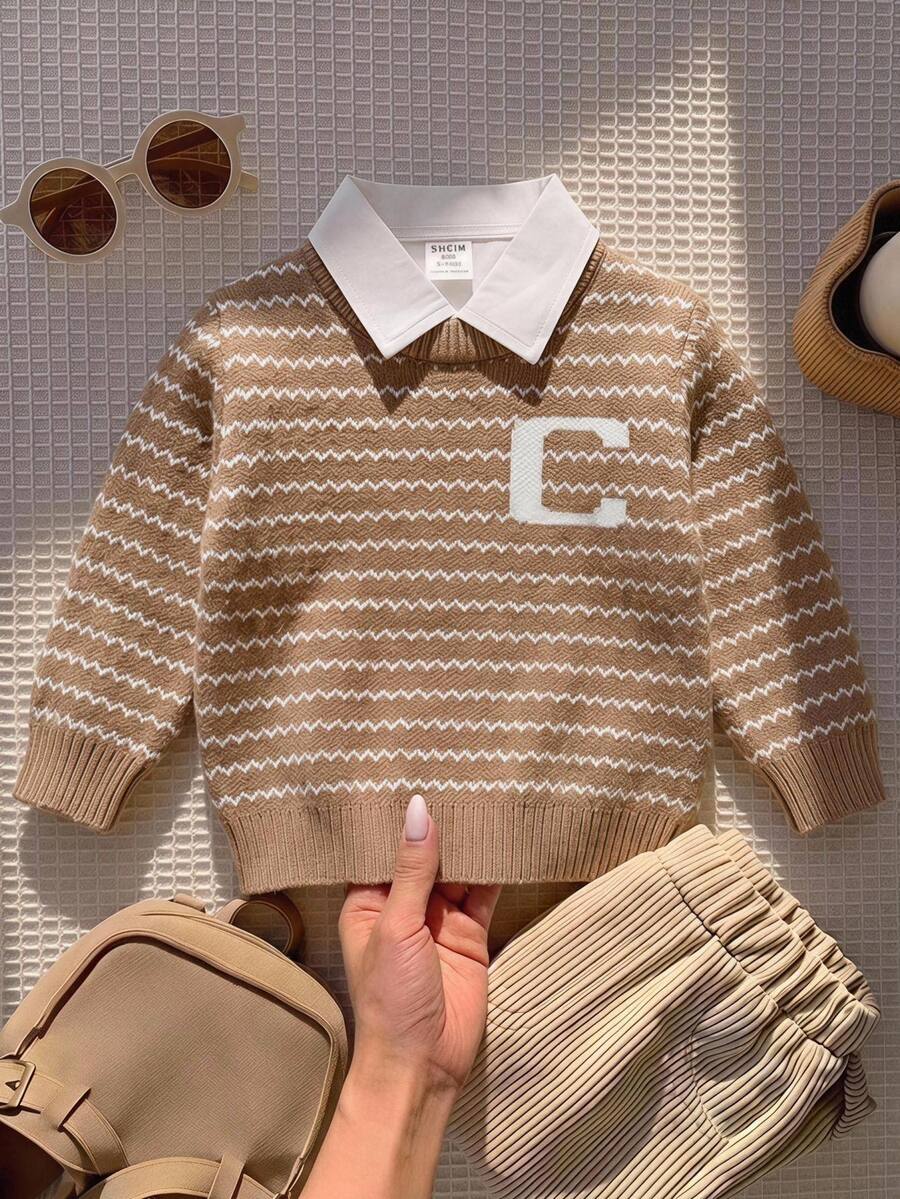 SHEIN Baby Boy Sweater, Turn-Down Collar Long Sleeve Striped Colorblock Knit, Suitable For Spring, Autumn, Winter, Autumn/Winter - Khaki - View 1