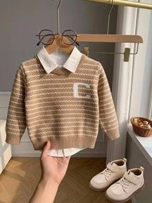 SHEIN Baby Boy Sweater, Turn-Down Collar Long Sleeve Striped Colorblock Knit, Suitable For Spring, Autumn, Winter, Autumn/Winter - Khaki - View 9