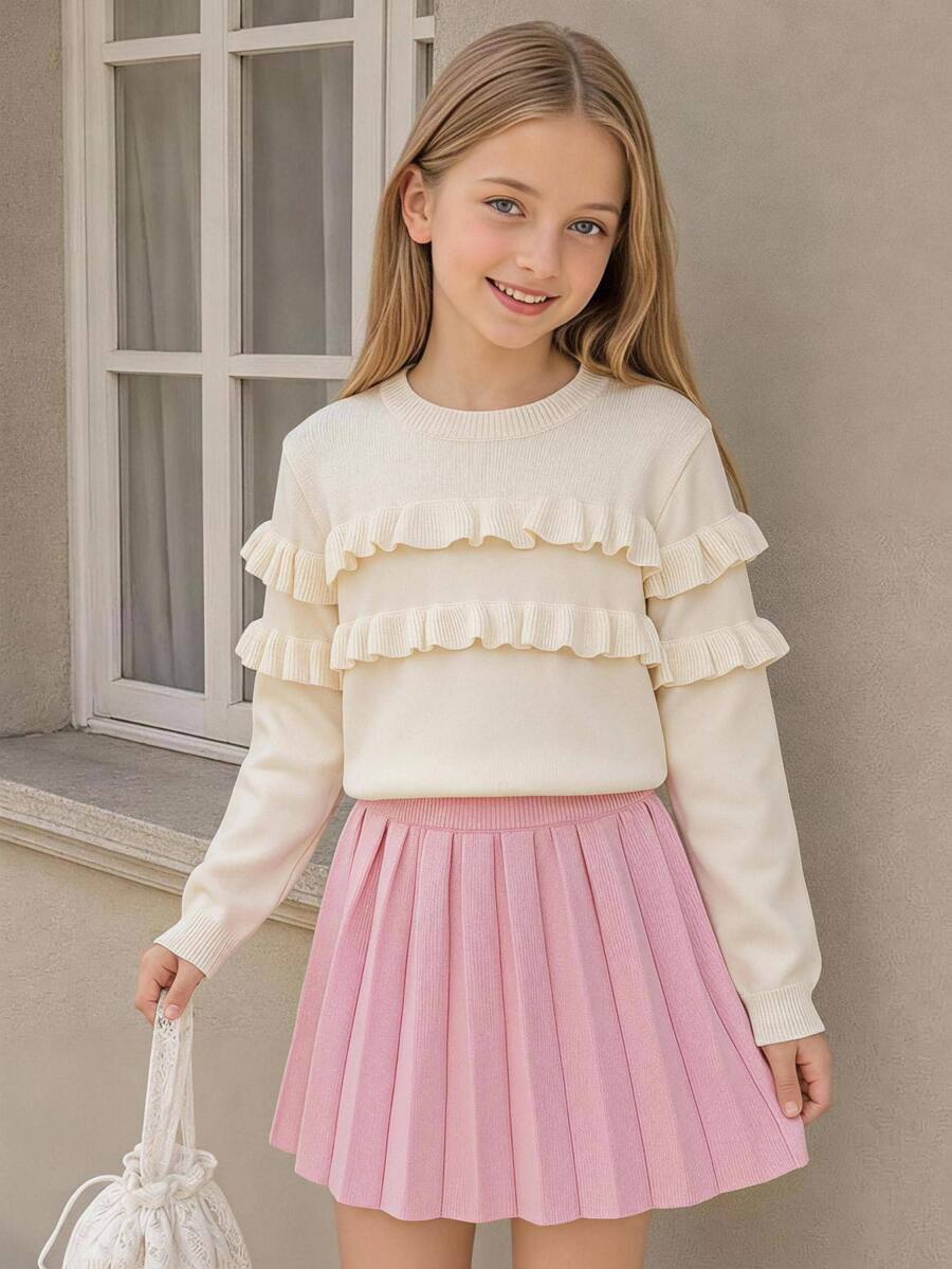 SHEIN Genkimix Kids 這是一套可愛、休閒且時尚的兩件套,包含一件白色圓領雙層蕾絲長袖毛衣和一件粉色百褶裙。材質柔軟舒適,適合日常生活、學校、外出、旅行、度假、托兒所以及兒童遊戲等多種場合,特別適合秋冬季節與節日氛圍 - 彩色 - 查看 1