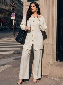 Juhart Women's Round Neck Long Sleeve Textured Tweed Long Cardigan, Gentle Elegant Single-Breasted Beige Knit Jacket - White - View 4