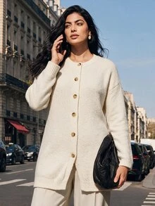 Juhart Women's Round Neck Long Sleeve Textured Tweed Long Cardigan, Gentle Elegant Single-Breasted Beige Knit Jacket - White - View 1