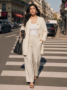 Juhart Women's Round Neck Long Sleeve Textured Tweed Long Cardigan, Gentle Elegant Single-Breasted Beige Knit Jacket - White - View 7