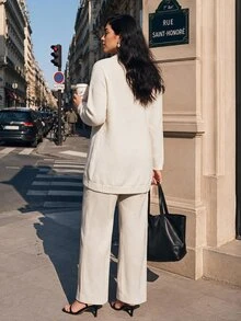 Juhart Women's Round Neck Long Sleeve Textured Tweed Long Cardigan, Gentle Elegant Single-Breasted Beige Knit Jacket - White - View 2