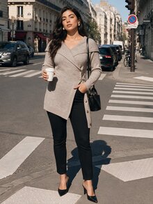 Juhart French Style Oversized Collar Cinched Waist Knit Cardigan Women Asymmetrical Button Long Slimming Sweater Jacket - Khaki - View 7