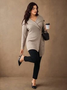 Juhart French Style Oversized Collar Cinched Waist Knit Cardigan Women Asymmetrical Button Long Slimming Sweater Jacket - Khaki - View 1