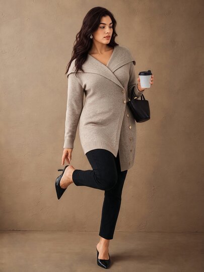 Juhart French Style Oversized Collar Cinched Waist Knit Cardigan Women Asymmetrical Button Long Slimming Sweater Jacket