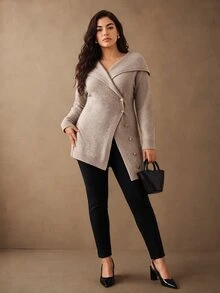 Juhart French Style Oversized Collar Cinched Waist Knit Cardigan Women Asymmetrical Button Long Slimming Sweater Jacket - Khaki - View 4