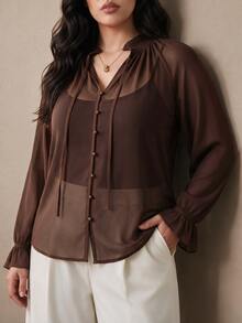 Juhart Dark Brown Chiffon Ruched Neckline Office Business Casual Elegant Thanksgiving Plus Size Shirts Summer - Coffee Brown - View 2