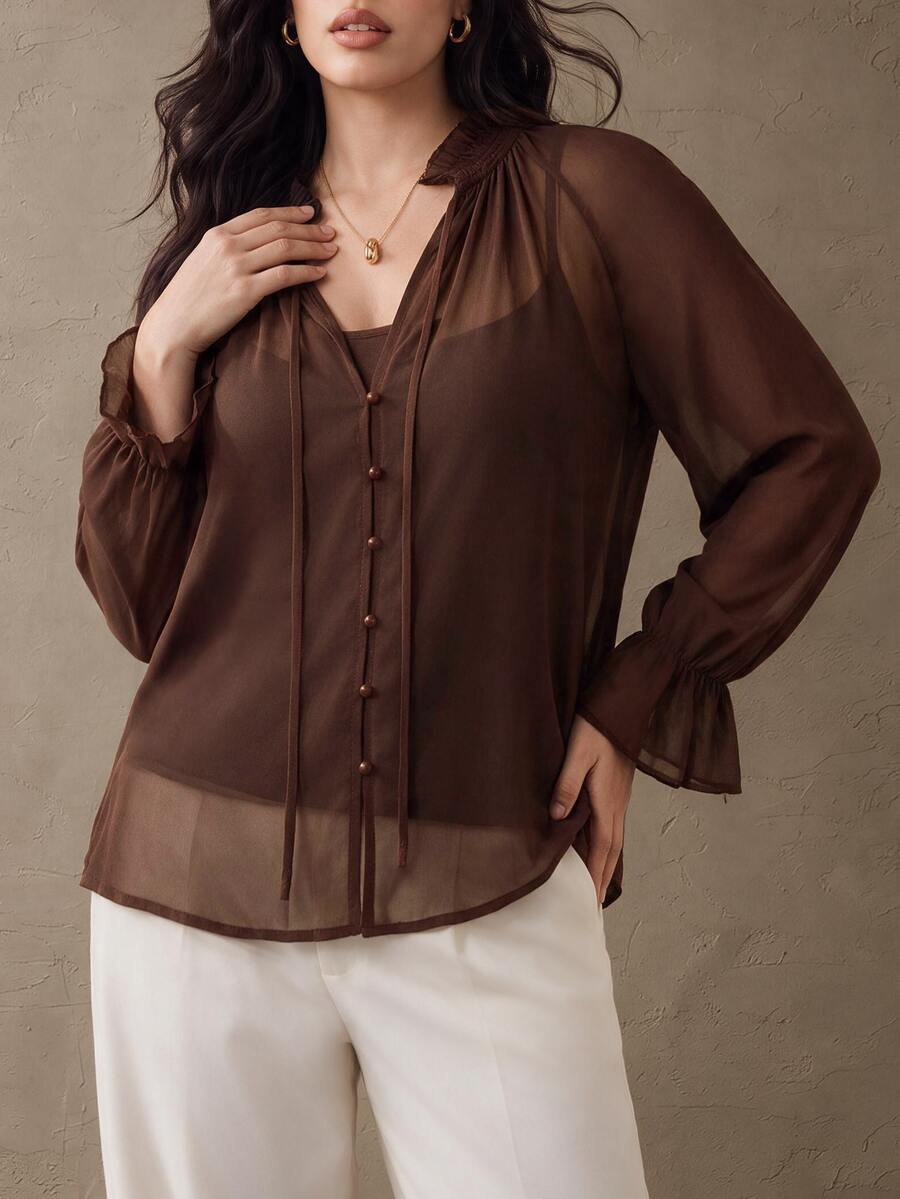 Juhart Dark Brown Chiffon Ruched Neckline Office Business Casual Elegant Thanksgiving Plus Size Shirts Summer - Coffee Brown - View 1