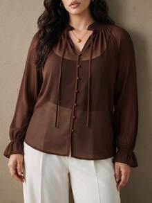 Juhart Dark Brown Chiffon Ruched Neckline Office Business Casual Elegant Thanksgiving Plus Size Shirts Summer - Coffee Brown - View 4