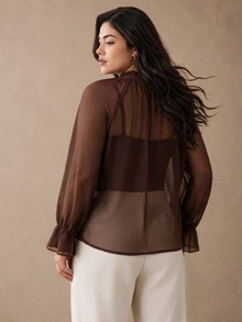 Juhart Dark Brown Chiffon Ruched Neckline Office Business Casual Elegant Thanksgiving Plus Size Shirts Summer - Coffee Brown - View 5