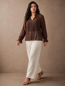 Juhart Dark Brown Chiffon Ruched Neckline Office Business Casual Elegant Thanksgiving Plus Size Shirts Summer - Coffee Brown - View 3
