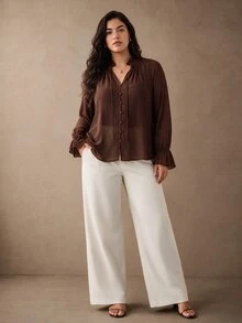 Juhart Dark Brown Chiffon Ruched Neckline Office Business Casual Elegant Thanksgiving Plus Size Shirts Summer - Coffee Brown - View 1