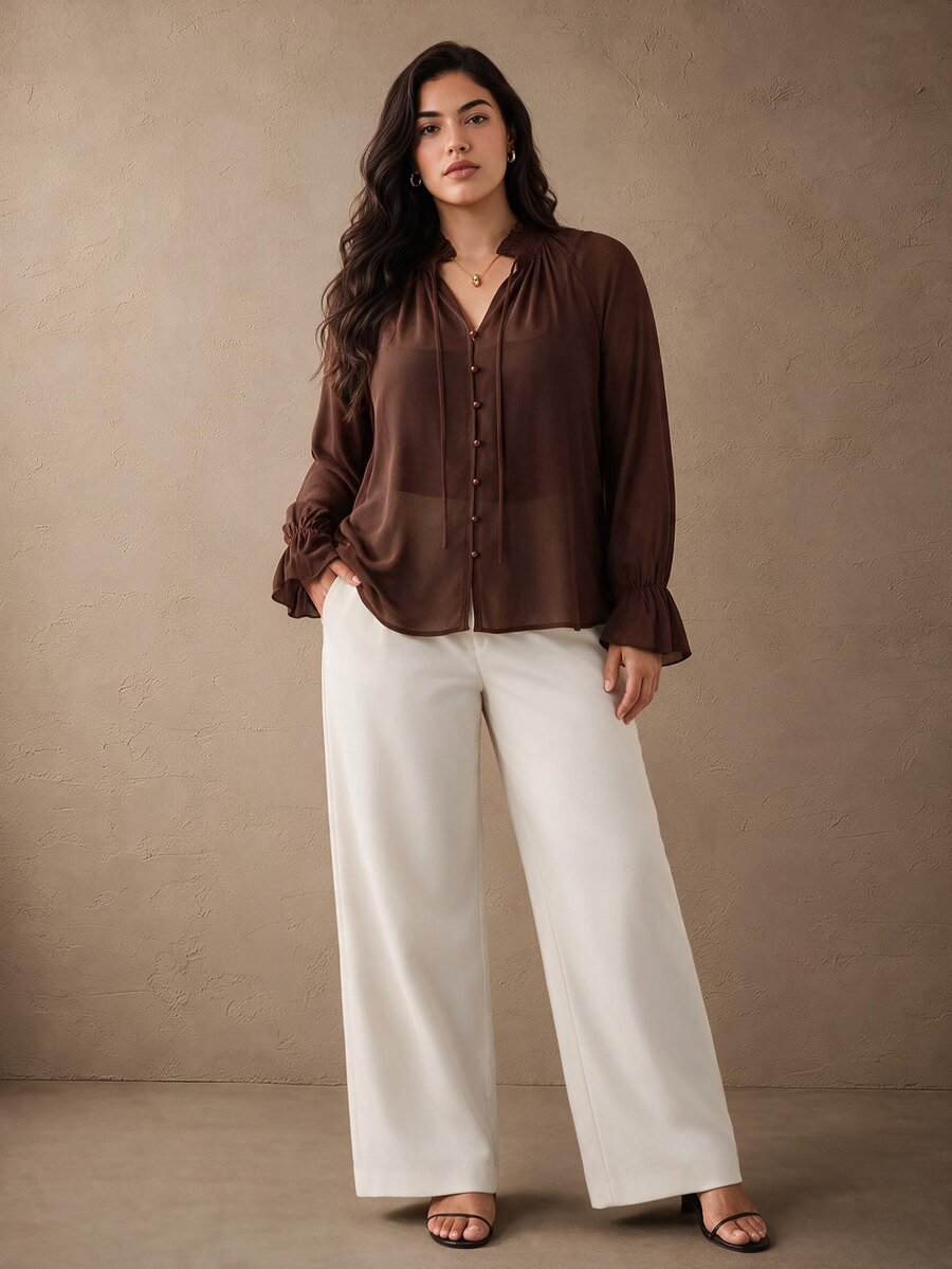 Juhart Dark Brown Chiffon Ruched Neckline Office Business Casual Elegant Thanksgiving Plus Size Shirts Summer - Coffee Brown - View 1