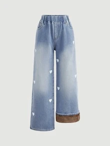 SHEIN 青少年女孩愛心刺繡直筒褲保暖內裡牛仔褲 牛仔女郎冬季穿搭 Baddie 新年穿搭 - 藍色 - 查看 1