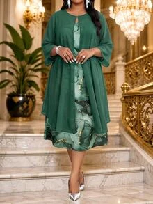 Fleurora Plus Size Women Solid Color Long Sleeve Cardigan And Marble Pattern Dress Elegant Set Fall - Dark Green - View 6
