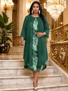 Fleurora Plus Size Women Solid Color Long Sleeve Cardigan And Marble Pattern Dress Elegant Set Fall - Dark Green - View 5
