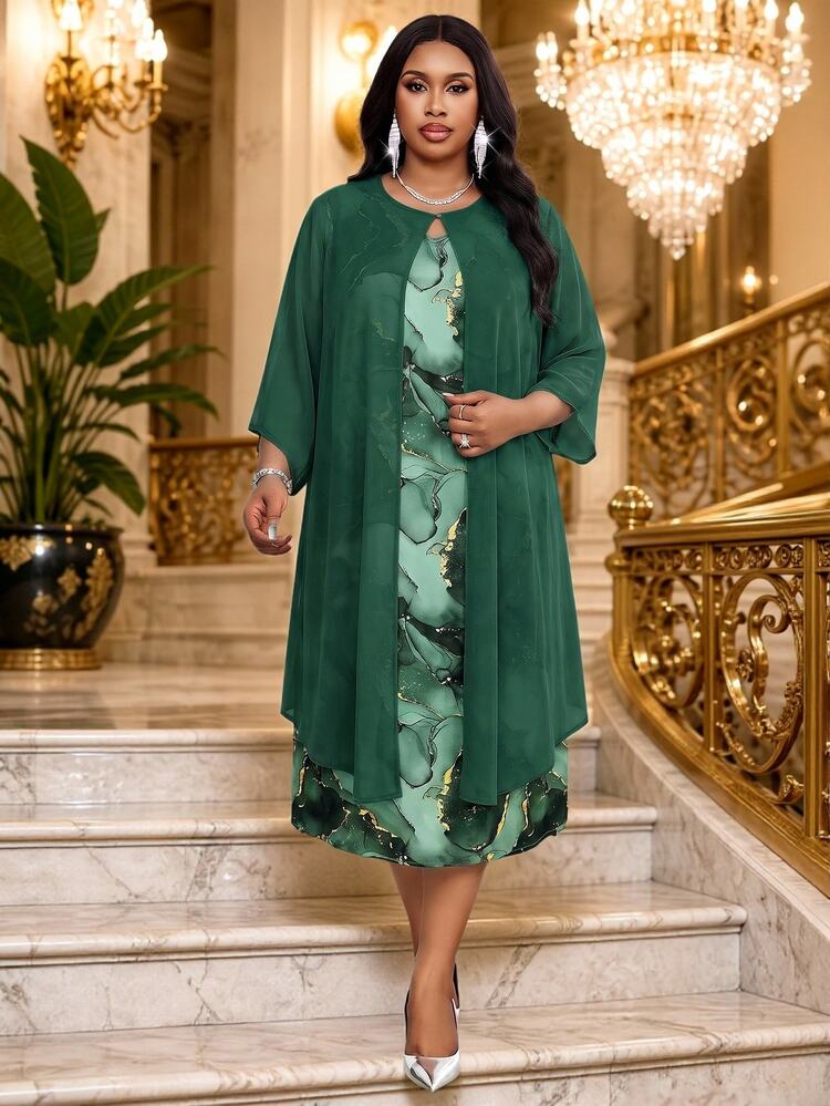 Fleurora Plus Size Women Solid Color Long Sleeve Cardigan And Marble Pattern Dress Elegant Set - Dark Green - View 5