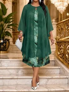 Fleurora Plus Size Women Solid Color Long Sleeve Cardigan And Marble Pattern Dress Elegant Set Fall - Dark Green - View 1
