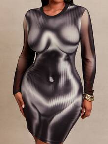 SHEIN SXY Black Body Print High Elasticity Knit Crew Neck Long Sleeve Short Fitted Dress Winter - Black - View 1