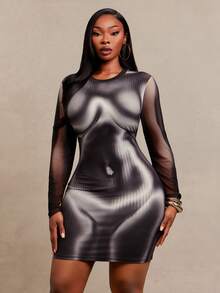 SHEIN SXY Black Body Print High Elasticity Knit Crew Neck Long Sleeve Short Fitted Dress Winter - Black - View 6