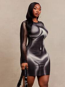 SHEIN SXY Black Body Print High Elasticity Knit Crew Neck Long Sleeve Short Fitted Dress Winter - Black - View 5