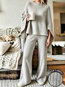 Zayélia Women's Solid Color Boat Neck Cape Sleeve Top And Pants Casual 2 Pieces Set Lounge Light Grey Autumn - Grey - View 3